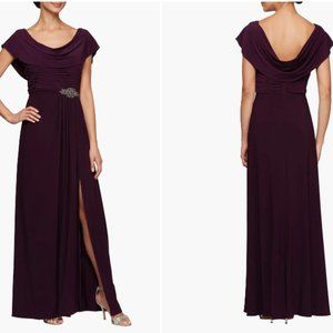 ALEX EVENINGS COWL NECK BEADED WAIST EGGPLANT GOWN sz 18W